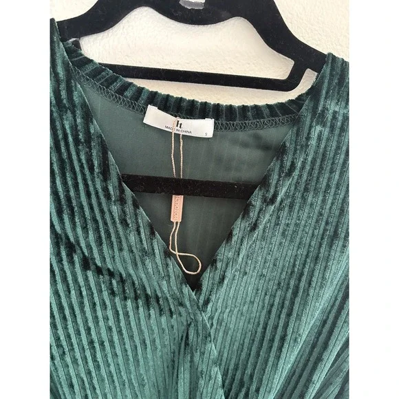 Hotouch Emerald Green Pleated Velvet Wrap Mini Dress Long Sleeve Holiday Party S - Picture 5 of 6